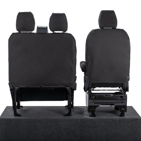 Picture of UK Custom Covers Ford Transit Custom Seat Covers Cotton-Backed PU (2023+) - Front (single/Double WITH pull Down Tray / Black | SC334B