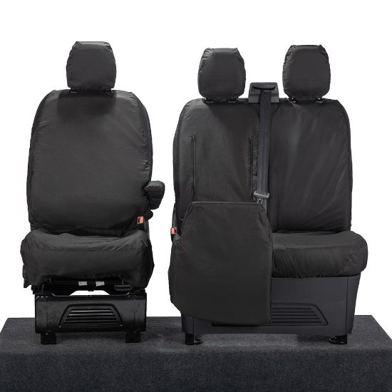 Picture of UK Custom Covers Ford Transit Custom Seat Covers Cotton-Backed PU (2023+) - Front (single/Double WITH pull Down Tray / Black | SC334B