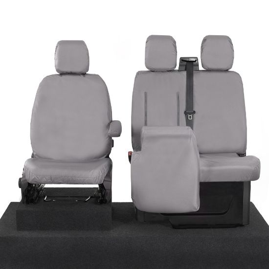 Picture of UK Custom Covers Ford Transit Custom Seat Covers Cotton-Backed PU (2023+) - Front (single/Double WITH pull Down Tray / Grey | SC334G