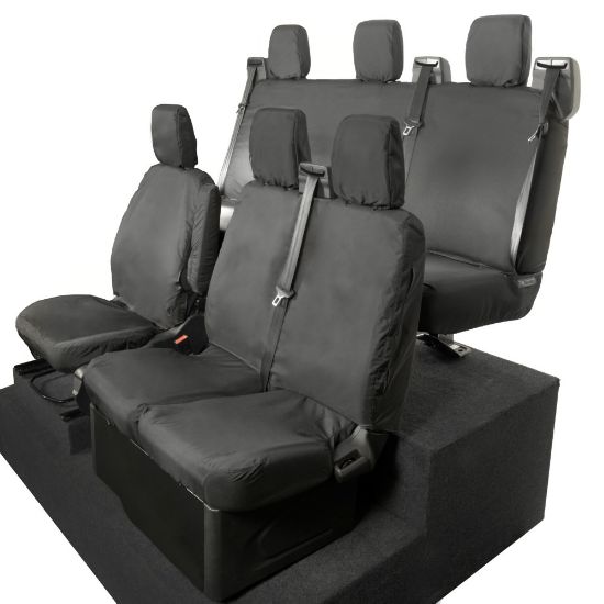 Picture of UK Custom Covers Ford Transit Custom Seat Covers Cotton-Backed PU (2013-2023) - Front & Rear (6 Seat With Front No Down Tray) - Black | SC436B-131B