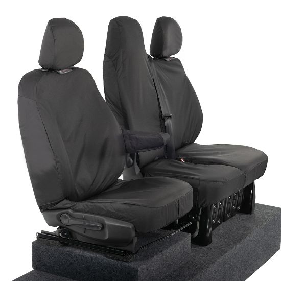 Picture of UK Custom Covers Vauxhall Vivaro Seat Covers Cotton-Backed PU (2014-2019) - Front Single/Double Split Passenger Base WITH Folding Middle Seat - Black | SC147B