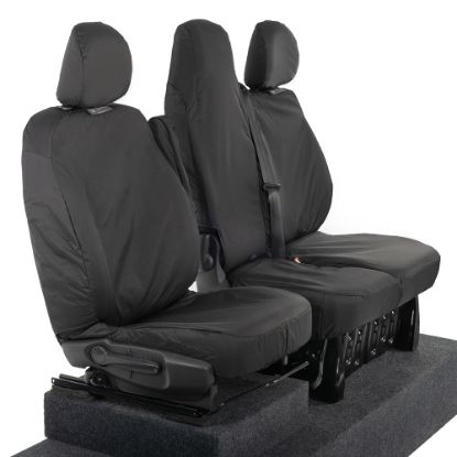 Picture of UK Custom Covers Vauxhall Vivaro Seat Covers Cotton-Backed PU (2014-2019) - Front Single/Double Split Passenger Base WITH Folding Middle Seat - Black | SC147B