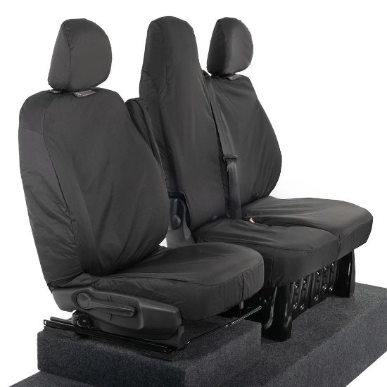 Picture of UK Custom Covers Vauxhall Vivaro Seat Covers Cotton-Backed PU (2014-2019) - Front Single/Double Split Passenger Base WITH Folding Middle Seat - Black | SC147B