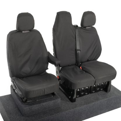 Picture of UK Custom Covers Vauxhall Vivaro Seat Covers Cotton-Backed PU (2014-2019) - Front Single/Double Split Passenger Base WITH Folding Middle Seat - Black | SC147B