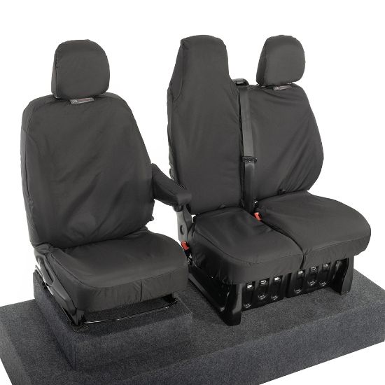 Picture of UK Custom Covers Vauxhall Vivaro Seat Covers Cotton-Backed PU (2014-2019) - Front Single/Double Split Passenger Base WITH Folding Middle Seat - Black | SC147B