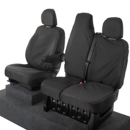 Picture of UK Custom Covers Vauxhall Vivaro Seat Covers Cotton-Backed PU (2014-2019) - Front Single/Double Split Passenger Base WITH Folding Middle Seat - Black | SC147B