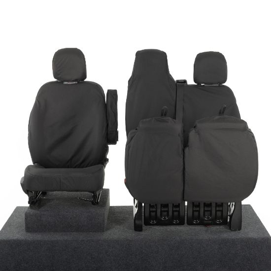 Picture of UK Custom Covers Vauxhall Vivaro Seat Covers Cotton-Backed PU (2014-2019) - Front Single/Double Split Passenger Base WITH Folding Middle Seat - Black | SC147B