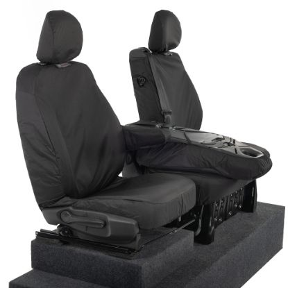 Picture of UK Custom Covers Vauxhall Vivaro Seat Covers Cotton-Backed PU (2014-2019) - Front Single/Double Split Passenger Base WITH Folding Middle Seat - Black | SC147B