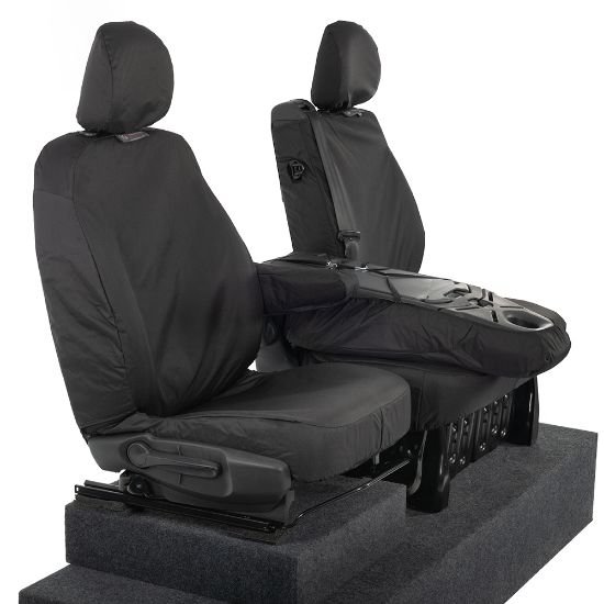 Picture of UK Custom Covers Vauxhall Vivaro Seat Covers Cotton-Backed PU (2014-2019) - Front Single/Double Split Passenger Base WITH Folding Middle Seat - Black | SC147B