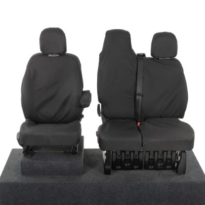 Picture of UK Custom Covers Vauxhall Vivaro Seat Covers Cotton-Backed PU (2014-2019) - Front Single/Double Split Passenger Base WITH Folding Middle Seat - Black | SC147B