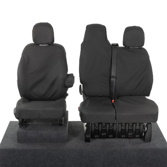 Picture of UK Custom Covers Vauxhall Vivaro Seat Covers Cotton-Backed PU (2014-2019) - Front Single/Double Split Passenger Base WITH Folding Middle Seat - Black | SC147B