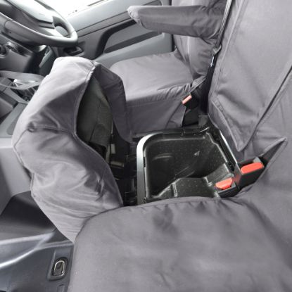 Picture of UK Custom Covers Vauxhall Vivaro Seat Covers Cotton-Backed PU (2019 Onwards) - Front & Rear Single/Double Split Passenger Base WITH Pull Down Tray - Grey | SC294G-422G