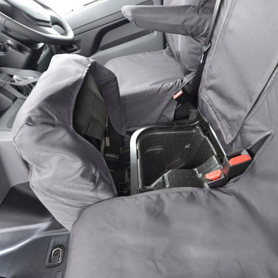 Picture of UK Custom Covers Vauxhall Vivaro Seat Covers Cotton-Backed PU (2019 Onwards) - Front & Rear Single/Double Split Passenger Base WITH Pull Down Tray - Grey | SC294G-422G