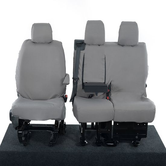 Picture of UK Custom Covers Vauxhall Vivaro Seat Covers Cotton-Backed PU (2019 Onwards) - Front & Rear Single/Double Split Passenger Base WITH Pull Down Tray - Grey | SC294G-422G