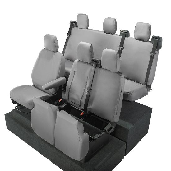 Picture of UK Custom Covers Ford Transit Custom Seat Covers Cotton-Backed PU (2023+) - Front & Rear (6 Seat With Front Pull Down Tray) - Grey | SC334G-131G