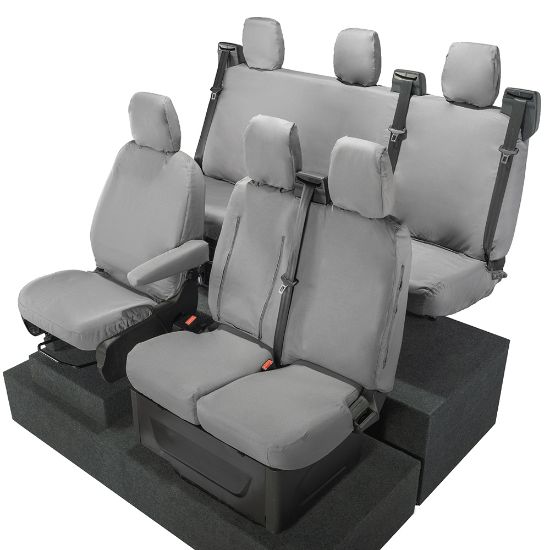 Picture of UK Custom Covers Ford Transit Custom Seat Covers Cotton-Backed PU (2023+) - Front & Rear (6 Seat With Front Pull Down Tray) - Grey | SC334G-131G
