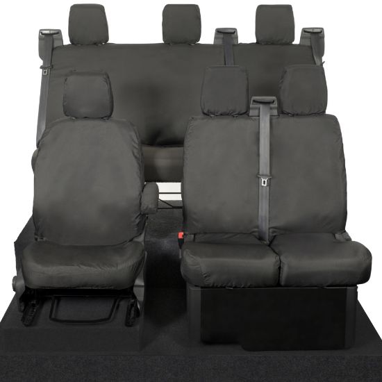 UK Custom Covers Ford Transit Custom Seat Covers Cotton-Backed PU (2023+) - Front & Rear (6 Seat With Front No Down Tray) - Black