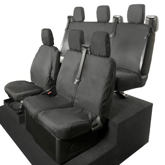 Picture of UK Custom Covers Ford Transit Custom Seat Covers Cotton-Backed PU (2023+) - Front & Rear (6 Seat With Front No Down Tray) - Black | SC335B-131B