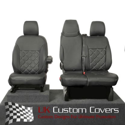 UK Custom Covers Vauxhall Vivaro Seat Covers Leatherette (2014-2019) Front Single/Double Split Passenger Base WITH Folding Middle Seat - Double Diamond Bentley Stitch