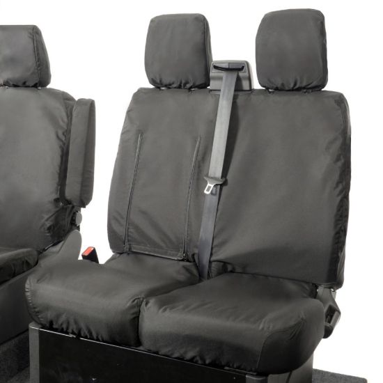 Picture of UK Custom Covers Ford Transit Custom Seat Covers Cotton-Backed PU (2013-2023) - Front (single/Double WITH pull Down Tray / Black | SC102B