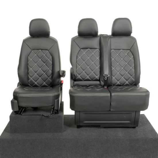 UK Custom Covers VW Crafter Double Diamond Bentley Stitch Leatherette Front Seat Covers (2017 Onwards) - Single/Double With Folding Middle Seat