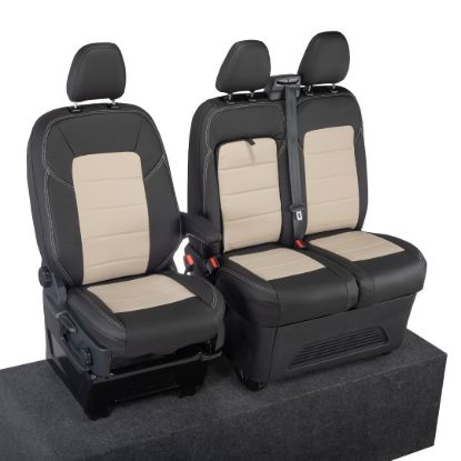 Picture of UK Custom Covers Ford Transit Custom Seat Covers Tailored Leatherette (2023+) - Block Stitch - 2 Tone (Black with Cream) | SC1276B