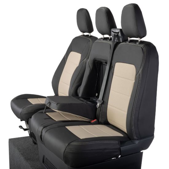 Picture of UK Custom Covers Ford Transit Custom Seat Covers Tailored Leatherette (2023+) - Block Stitch - 2 Tone (Black with Cream) | SC1276B