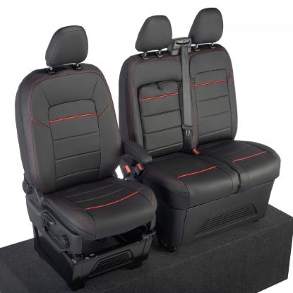 Picture of UK Custom Covers Ford Transit Custom Seat Covers Tailored Leatherette (2023+) - Block Stitch - Black & Red | SC1281B
