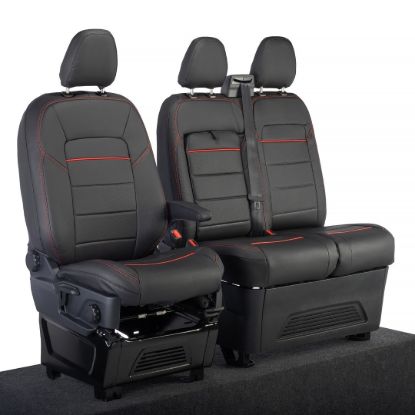 Picture of UK Custom Covers Ford Transit Custom Seat Covers Tailored Leatherette (2023+) - Block Stitch - Black & Red | SC1281B