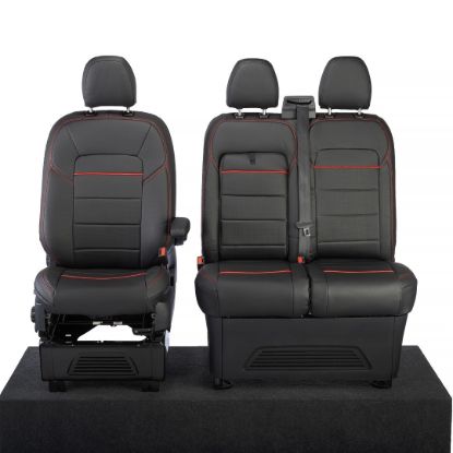 Picture of UK Custom Covers Ford Transit Custom Seat Covers Tailored Leatherette (2023+) - Block Stitch - Black & Red | SC1281B
