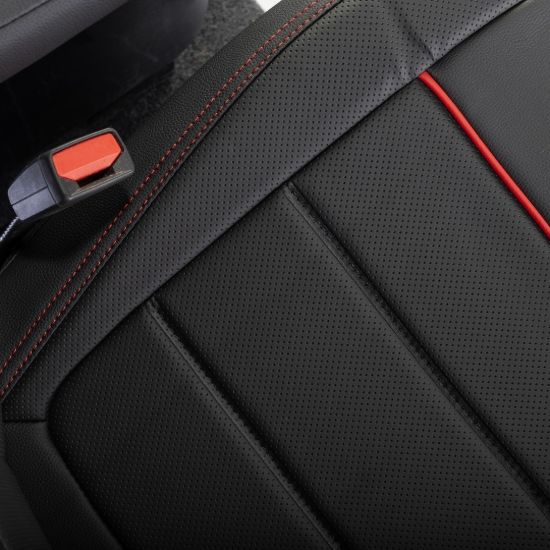 Picture of UK Custom Covers Ford Transit Custom Seat Covers Tailored Leatherette (2023+) - Block Stitch - Black & Red | SC1281B
