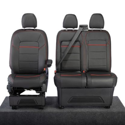 Picture of UK Custom Covers Ford Transit Custom Seat Covers Tailored Leatherette (2023+) - Block Stitch - Black & Red | SC1281B