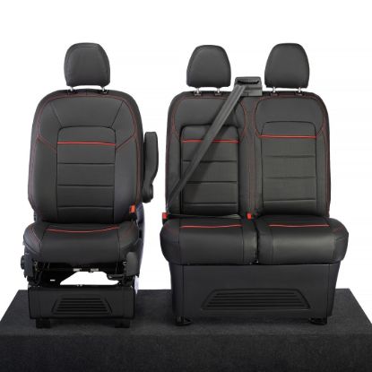 Picture of UK Custom Covers Ford Transit Custom Seat Covers Tailored Leatherette (2023+) - Block Stitch - Black & Red | SC1281B
