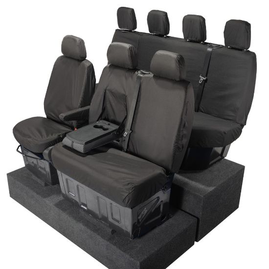 Picture of UK Custom Covers VW Crafter Cotton-Backed Front & Rear Seat Covers (2006-2017) Black - Front Single/Double With Pull Down Tray | SC132B-416B