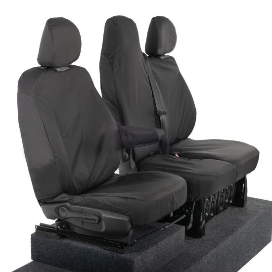 Picture of UK Custom Covers Vauxhall Vivaro Seat Covers Cotton-Backed PU (2014-2019) - Front Single/Double Split Passenger Base WITH Folding Middle Seat - Black | SC147B