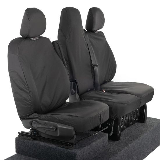 Picture of UK Custom Covers Vauxhall Vivaro Seat Covers Cotton-Backed PU (2014-2019) - Front Single/Double Split Passenger Base WITH Folding Middle Seat - Black | SC147B
