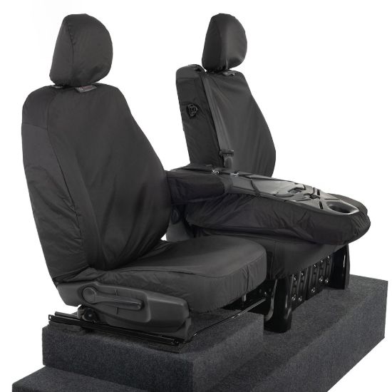 Picture of UK Custom Covers Vauxhall Vivaro Seat Covers Cotton-Backed PU (2014-2019) - Front Single/Double Split Passenger Base WITH Folding Middle Seat - Black | SC147B