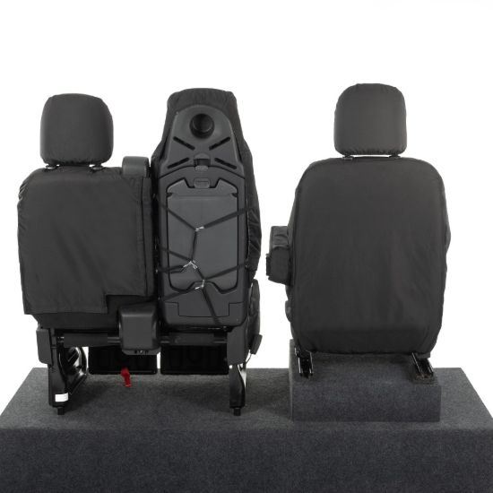 Picture of UK Custom Covers Vauxhall Vivaro Seat Covers Cotton-Backed PU (2014-2019) - Front Single/Double Split Passenger Base WITH Folding Middle Seat - Black | SC147B