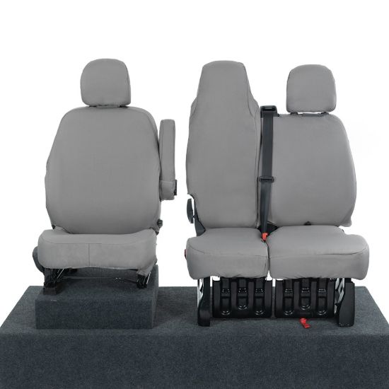 Picture of UK Custom Covers Vauxhall Vivaro Seat Covers Cotton-Backed PU (2014-2019) - Front Single/Double Split Passenger Base WITH Folding Middle Seat - Grey | SC147G