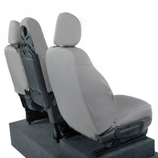 Picture of UK Custom Covers Vauxhall Vivaro Seat Covers Cotton-Backed PU (2014-2019) - Front Single/Double Split Passenger Base WITH Folding Middle Seat - Grey | SC147G