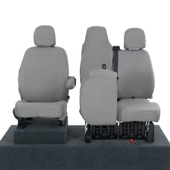 Picture of UK Custom Covers Vauxhall Vivaro Seat Covers Cotton-Backed PU (2014-2019) - Front Single/Double Split Passenger Base WITH Folding Middle Seat - Grey | SC147G