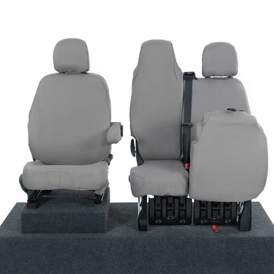 Picture of UK Custom Covers Vauxhall Vivaro Seat Covers Cotton-Backed PU (2014-2019) - Front Single/Double Split Passenger Base WITH Folding Middle Seat - Grey | SC147G