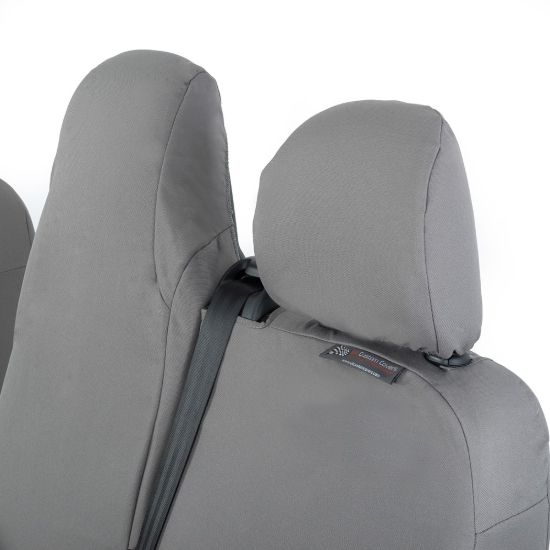 Picture of UK Custom Covers Vauxhall Vivaro Seat Covers Cotton-Backed PU (2014-2019) - Front Single/Double Split Passenger Base WITH Folding Middle Seat - Grey | SC147G