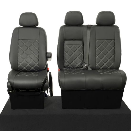 UK Custom Covers Mercedes Sprinter Double Diamond Bentley Stitch Leatherette Front Seat Covers (2006-2018) - Single/Double With Pull Down Tray