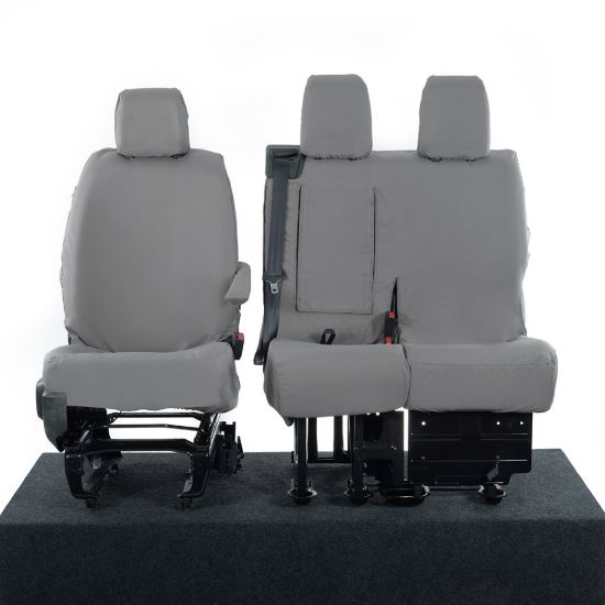 UK Custom Covers Vauxhall Vivaro Seat Covers Cotton-Backed PU (2019 Onwards) - Front Single/Double Split Passenger Base WITH Pull Down Tray - Grey