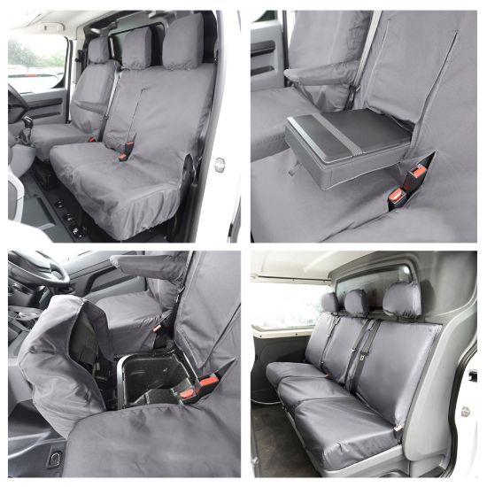 UK Custom Covers Vauxhall Vivaro Seat Covers Cotton-Backed PU (2019 Onwards) - Front & Rear Single/Double Split Passenger Base WITH Pull Down Tray - Grey