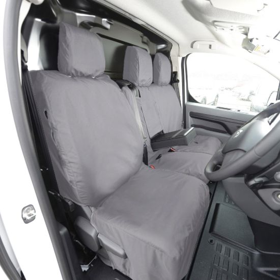 Picture of UK Custom Covers Vauxhall Vivaro Seat Covers Cotton-Backed PU (2019 Onwards) - Front & Rear Single/Double Split Passenger Base WITH Pull Down Tray - Grey | SC294G-422G