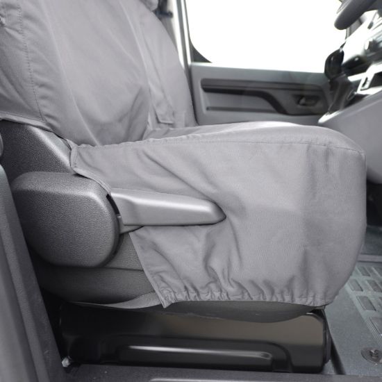 Picture of UK Custom Covers Vauxhall Vivaro Seat Covers Cotton-Backed PU (2019 Onwards) - Front & Rear Single/Double Split Passenger Base WITH Pull Down Tray - Grey | SC294G-422G