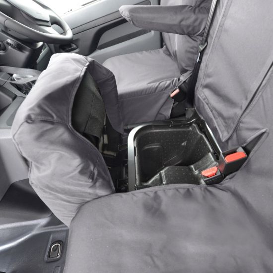 Picture of UK Custom Covers Vauxhall Vivaro Seat Covers Cotton-Backed PU (2019 Onwards) - Front & Rear Single/Double Split Passenger Base WITH Pull Down Tray - Grey | SC294G-422G