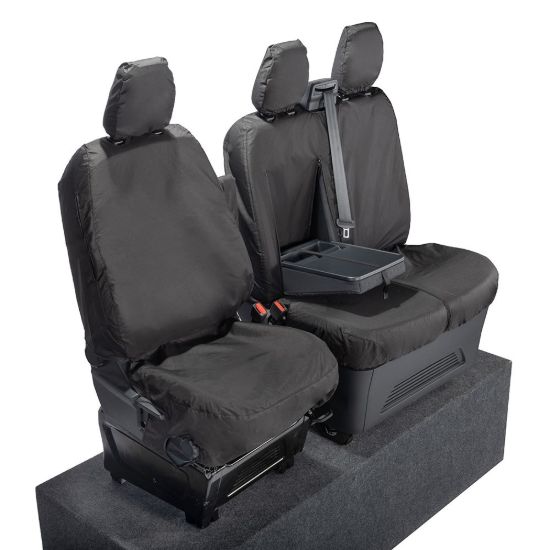 Picture of UK Custom Covers Ford Transit Custom Seat Covers Cotton-Backed PU (2023+) - Front (single/Double WITH pull Down Tray / Black | SC334B